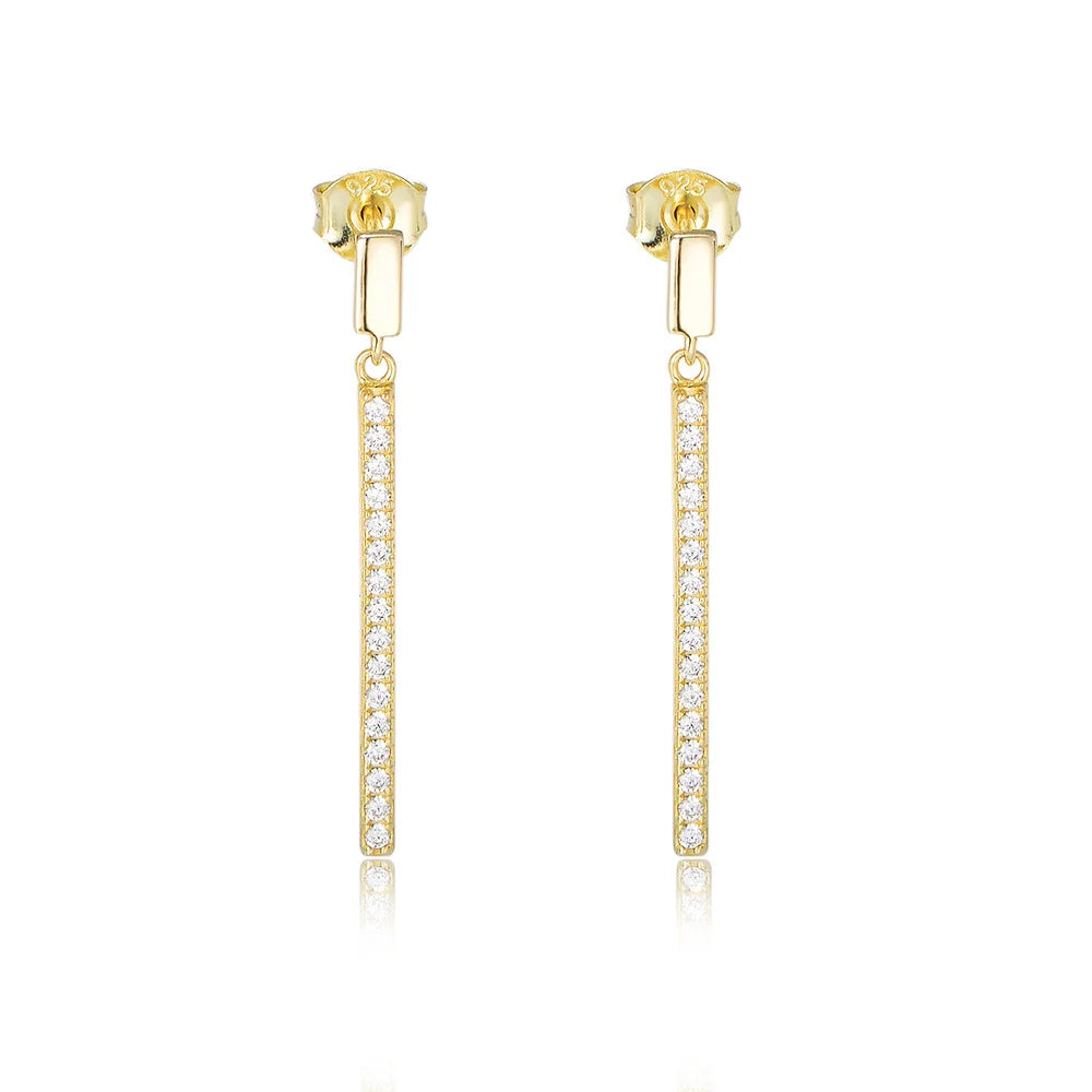 Fine Jewelry Earrings 925 Sterling Silver Rectangular Single Row Zircon Long Tassel Gold Plated Stud Earrings for Women