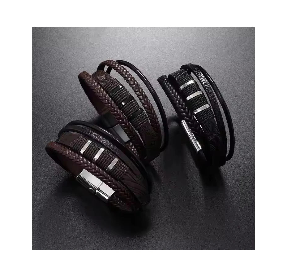 Classic Fashion Unisex Leather Bracelet Engrave Name Magnetic Clasp Handmade Braided Woven Multilayer Leather Bracelet for Mens