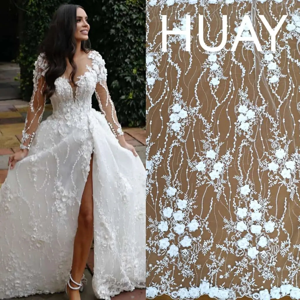 2022 White 3d Flower Mesh Embroidery Fabrics Sequence Wedding Dress Lace Fabric Wholesale HY2004