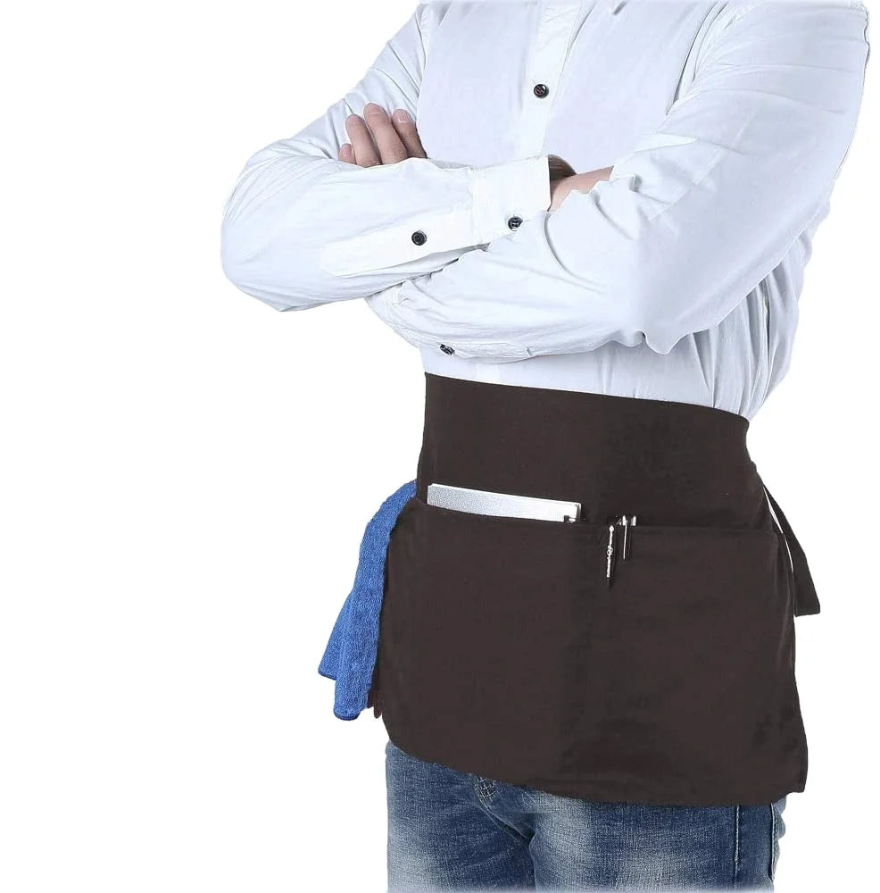 Polyester Cotton Breathable Durable Adjustable Black White Bistro Bartender Restaurant Waitress Waist Apron 3 Pockets