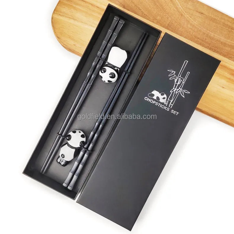 Customized 2 Pairs of Bamboo-Shape Fiberglass Chopsticks and Cute Ceramic Panda Rest Safe for Dishwasher