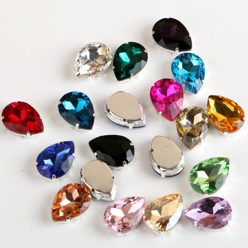 Drop Shape Glass Rhinestones With Claw Sew on Teardrop Crystal Stone Strass Diamond Metal Base Buckle Wedding Decoration