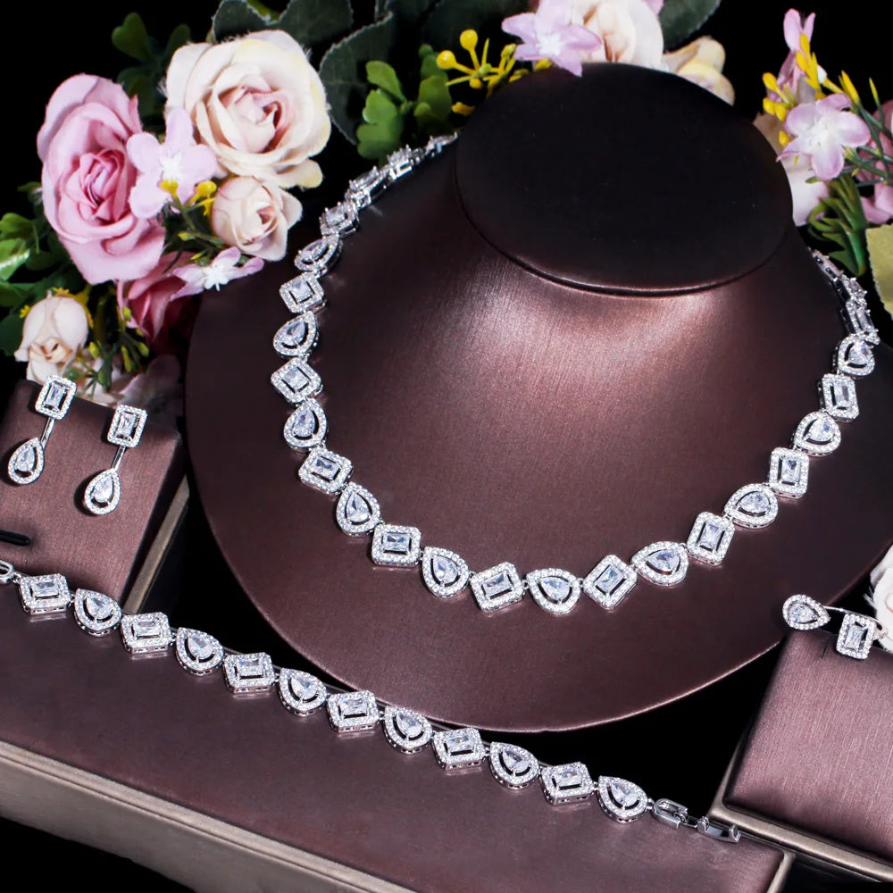Silver Color Water Drop Cubic Zirconia 4pcs Ring Bracelet Earrings Necklace Luxury Jewelry Sets for Women Weeding CZ Accessories