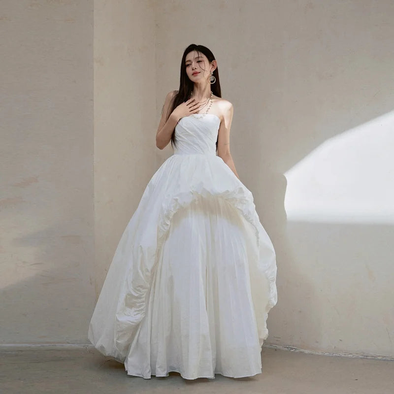 Simple Tube Top New Princess Fluffy Skirt Sleeveless Formal Women Elegant Party Gown Satin White Wedding Dress