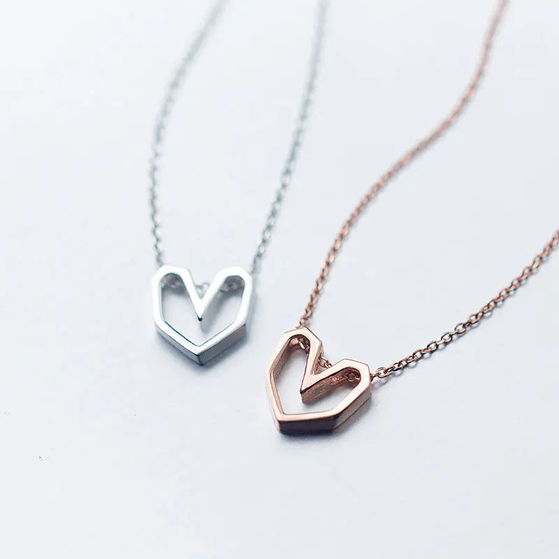 S925 Silver Openwork love Heart Shaped Necklace Women Rose Gold Cute Girls Short Collarbone Chain