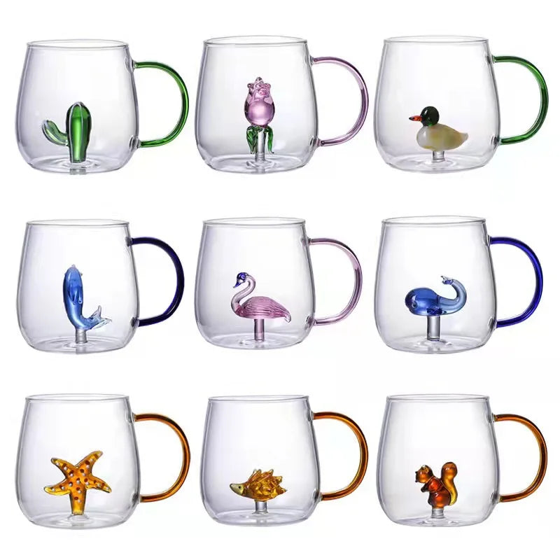 High Borosilicate Glass Beer Juice Soda Coffee Drinking Cup Mug with 3D Cartoon Character Animal Plant with Colorful Handles