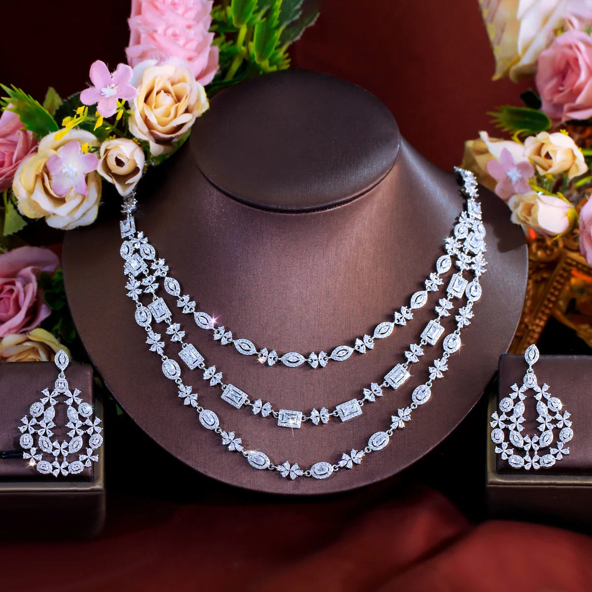 Shiny Cubic Zircon Dubai 3 Layered Wedding Necklace and Earrings Bridal Big Jewelry Sets for Women Luxury Jewellery