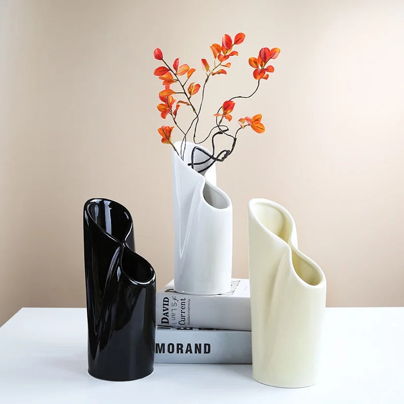 Advanced Sense Ceramic Vase Double-Mouth Modern Simple Living Room Dried Flower Decorations Cross-Border Wholesale Matt Glaze