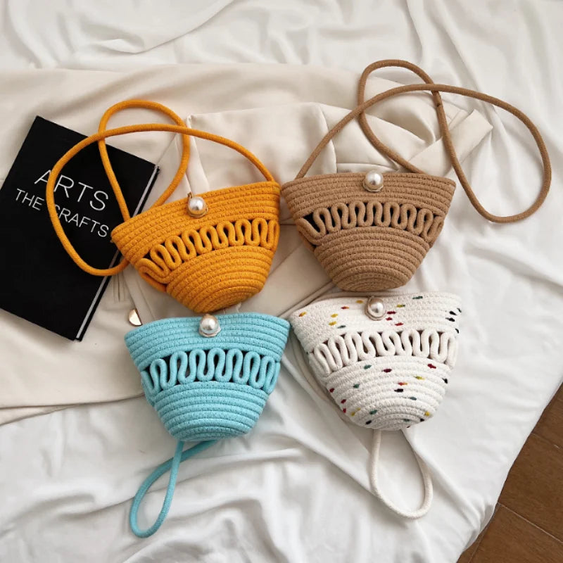 New Design Fashion Lady Hollow Pearl Single Strap Women's Shoulder Messenger Beach Bag Summer Woven Straw Cotton