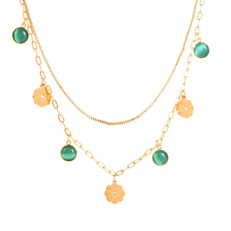 Minimalist Rhinestone Shell Eye Necklace Double Layers Flower Stainless Steel Necklace for Women