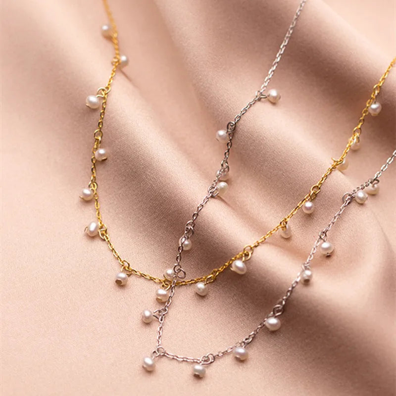 Fine 18k Gold Plated Mini Pearl Dangle Pendant 925 Sterling Silver Tassel Choker Necklace