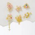 High Quality Rose Flower Stud Earrings for Girls Pink Butterfly & Zircon with Gold Plating