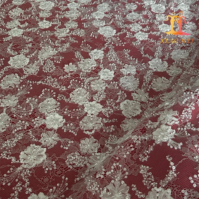 New Style 100% Polyester 3D Fancy Wedding Embroidery Bridal Beaded Eco-Friendly Mesh Luxury French Tulle Lace Fabric XM-BF1103