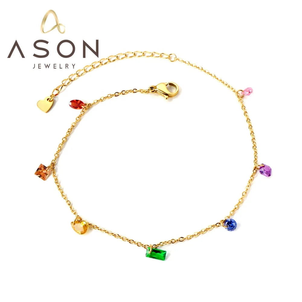 Ason Jewelry New Unique 18k Gold Plated Anklet Mixed Shape Mixed Color Zircon Waterproof Stainless Steel Pendant Anklet