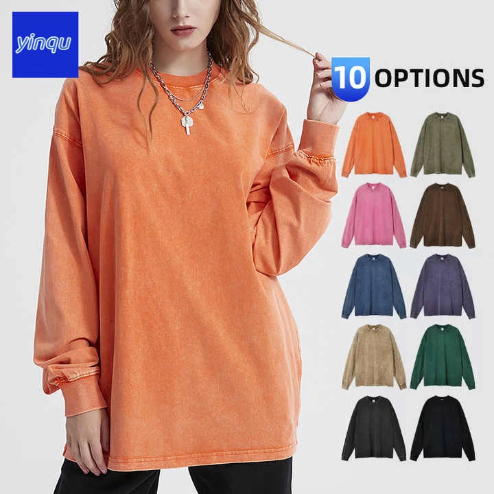 Best Price 250g 100% Cotton Beaded Knitted Plain Vintage Oversized Acid Washed Long Sleeve Sweatshirt T-Shirt