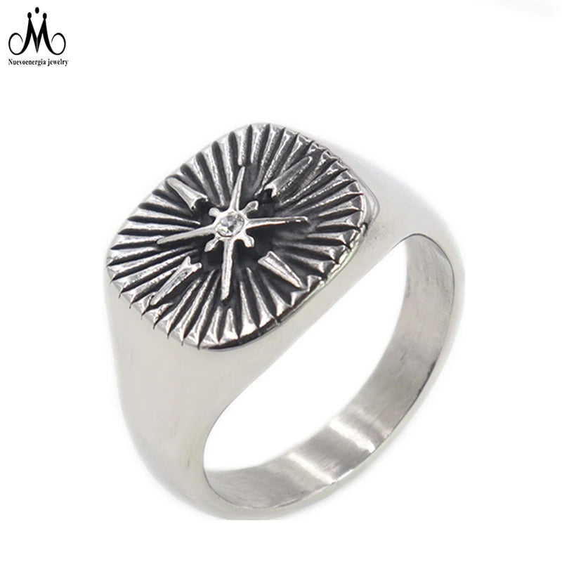 Factory Wholesale Men's Jewelry Silver Stainless Steel Man Ring Compass Viking Signet Ring