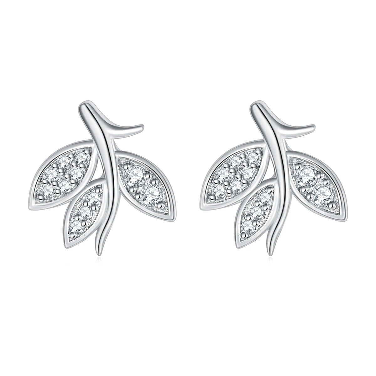 Trendy Branch Shape Prong-Set Sterling Silver Stud Earrings with Zircon Rhodium Plated for Anniversary Party Gift CMA Certified