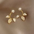 Retro Temperament Personality Leaf Pearl Earrings Rhinestone Crystal Stud Earring for Women