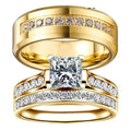 2pcs 18k Gold Plate Crystal Square Cubic Zirconia Wedding Rings Dragon Design Stainless Steel Couple Ring Set