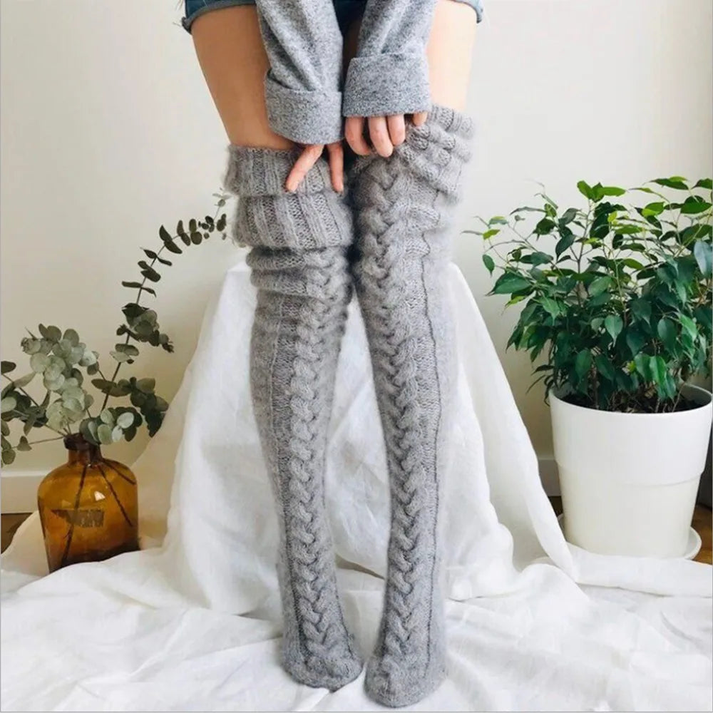 Autumn Winter Warm Fluffy Knitted Over Knee Socks Leg Warmer Female Thigh Long Stockings