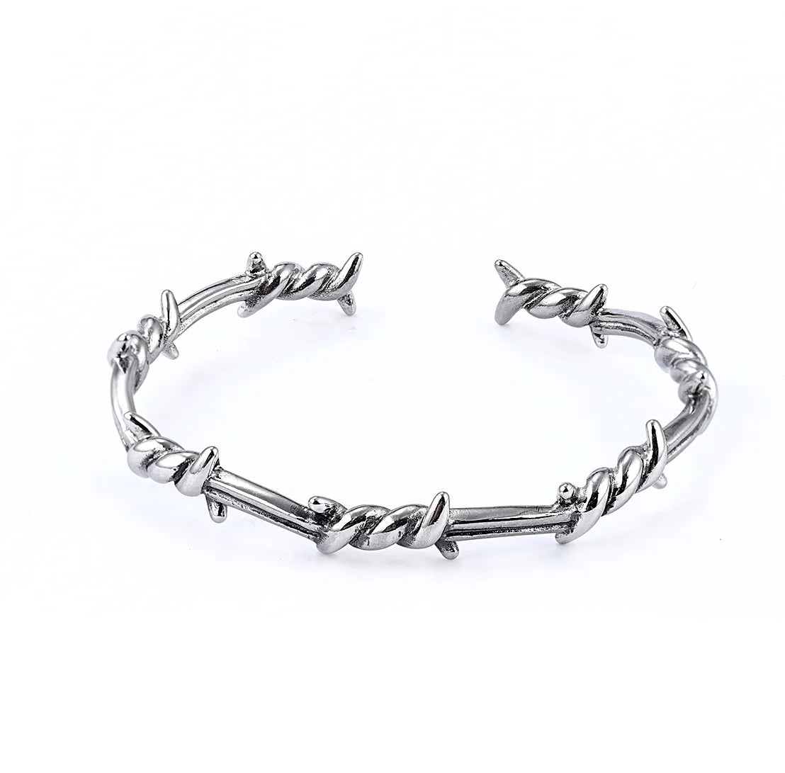 Punk Open Adjustable Twisted Barbed Wire Stainless Steel Cable Cuff Bracelet for Men Women