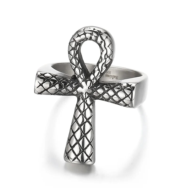 KALEN Unisex Vintage Stainless Steel Ancient Egyptian Ankh Striped Jewelry Rings