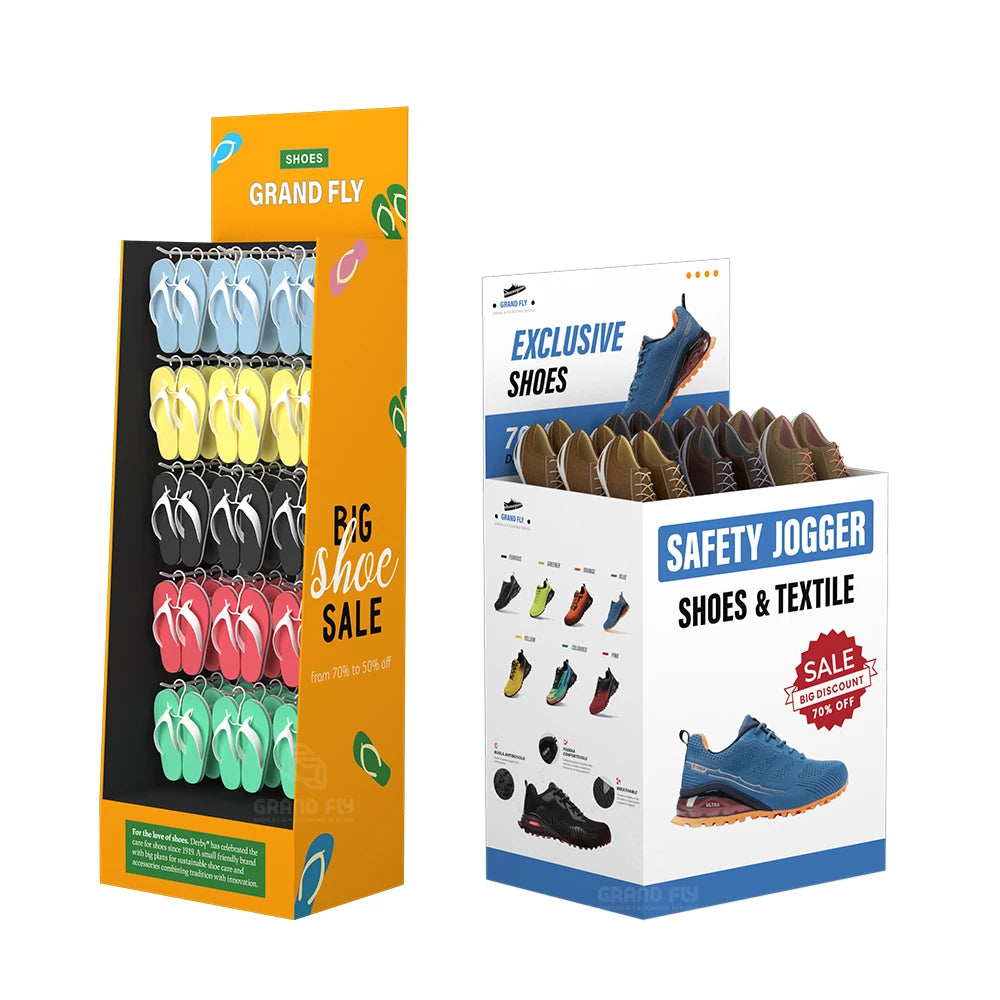 Custom Floor Standing Corrugated Cardboard Shoe Display Rack Riser 4C CMYK Offset Printing for Retail Promotion Eco-friendly