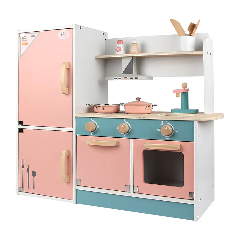 Men and Women Treasure Simulation Wooden pink Kitchen Japanese Refrigerator Kitchen Set Home Tableware Cooking Game Toys