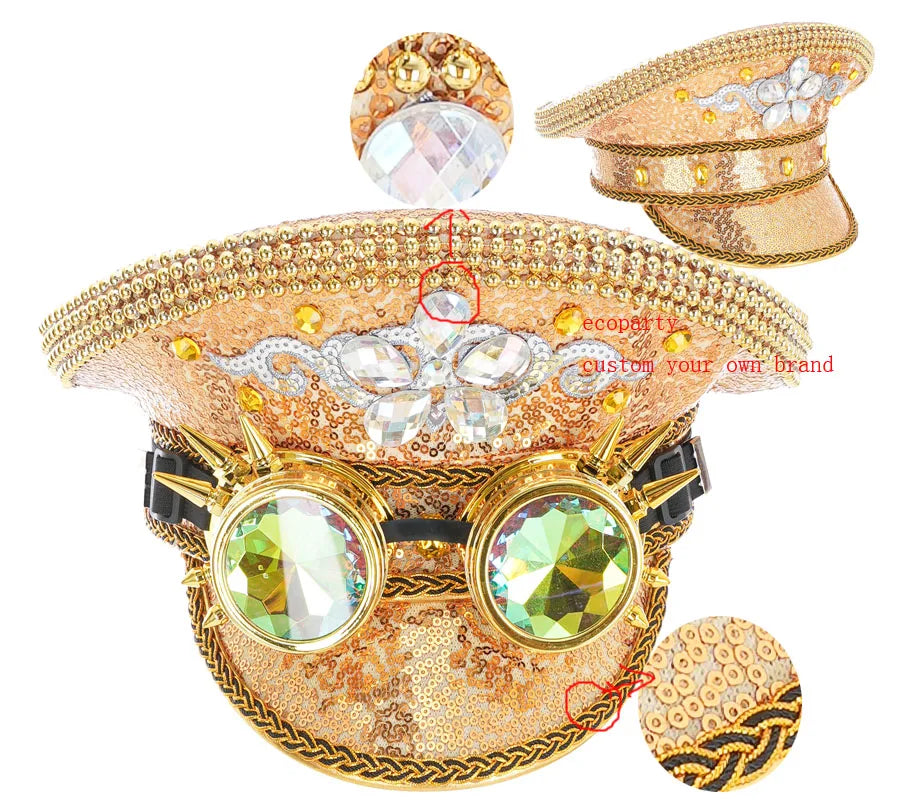 Ecoparty Women Men Steampunk Hat With Queen Sequin Burning Captain Sergeant Hat Rave Festival Bachelorette Part Hat