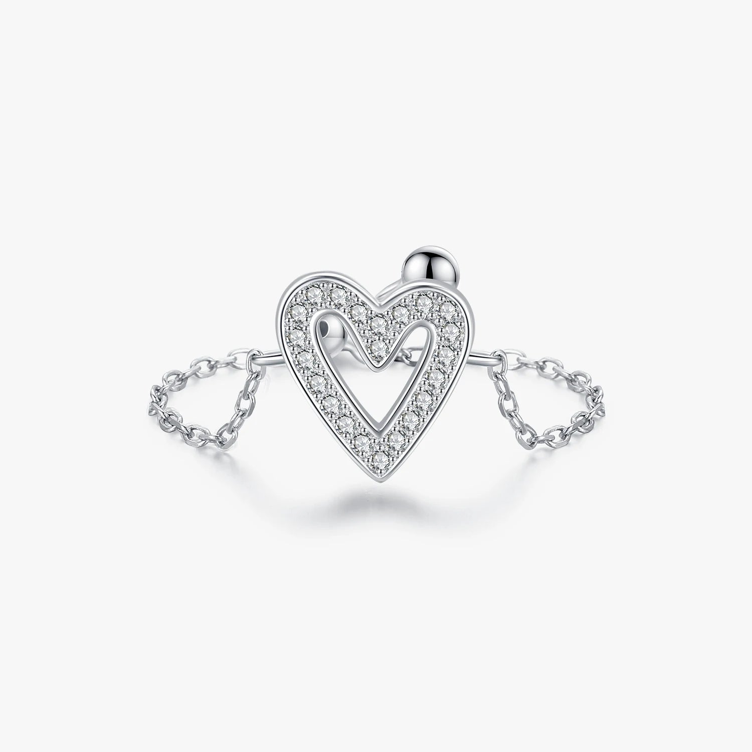 Original Bands 925 Sterling Silver Platinum Plated for Women Jewelry Fashion Irregular Hearts CZ Adjustable Link Chain Rings