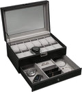 Custom Logo Square 12 Slot 2-Tier PU Leather Lockable Clear Glass Lid Organizer Watch Packaging Storage Boxes