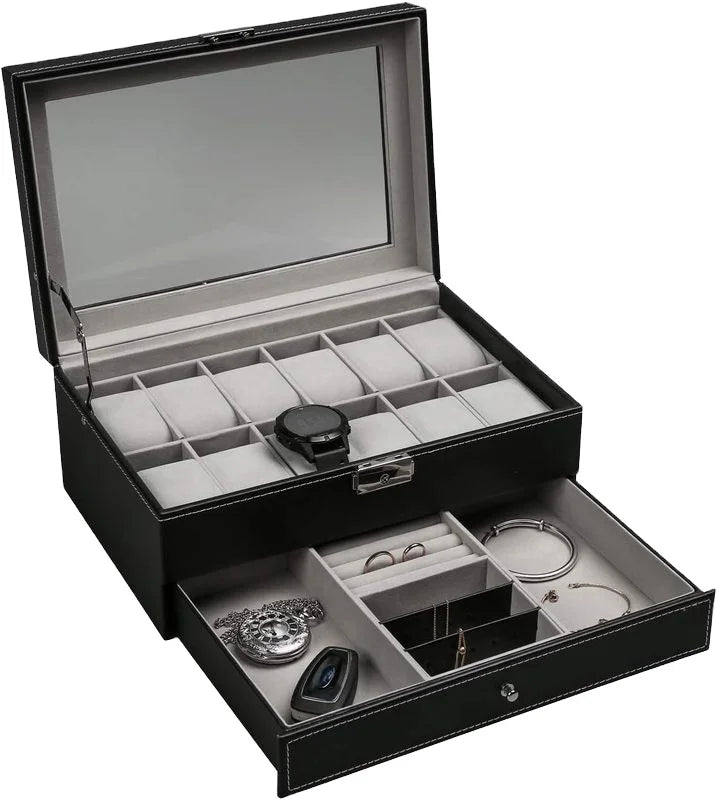 Custom Logo Square 12 Slot 2-Tier PU Leather Lockable Clear Glass Lid Organizer Watch Packaging Storage Boxes