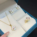 New Natural Seawater Shell and Freshwater Pearl Necklace Ring Earring Set Four Leaf Clover with Gold Plating for Gift