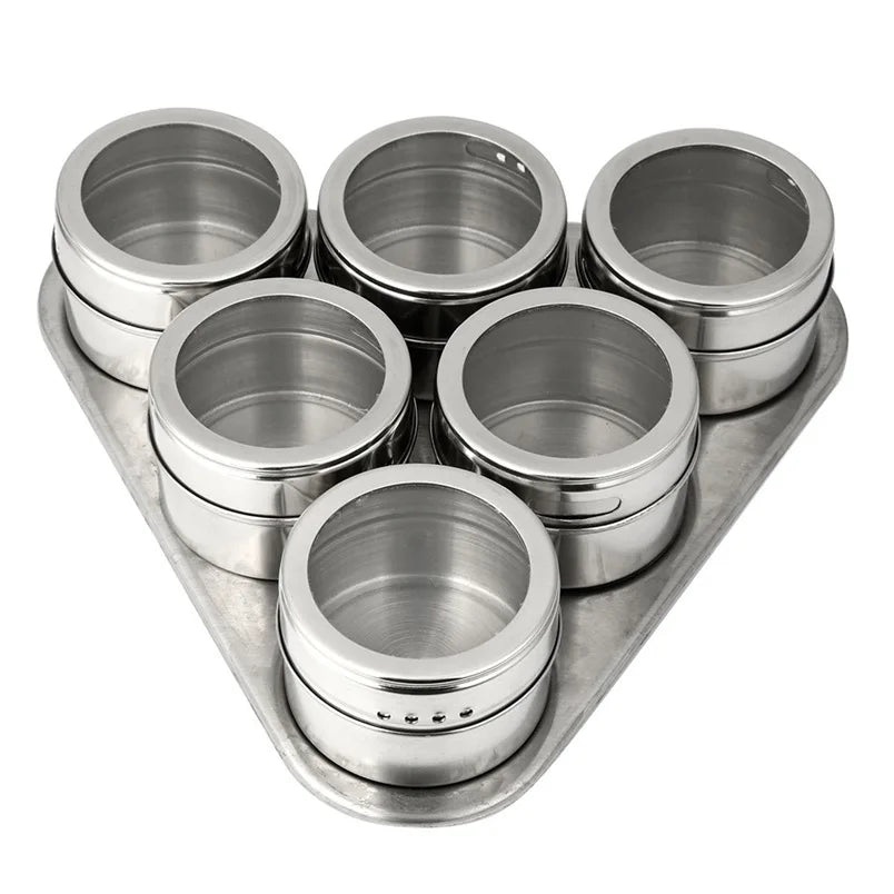 Aeofa 6pcs Metal Empty Oval Stainless Steel Magnetic Spice Jars Herb Package Jar with Triangle or Rectangular Base and Labels