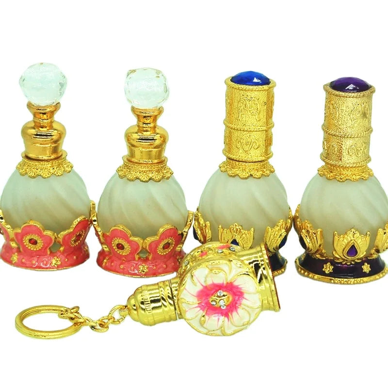 Manufacturer 15ml Vintage Electroplated Arabic Metal Alloy Perfume Bottle Glass Luxury Essential Oil Bottle Blue Glass Bottle