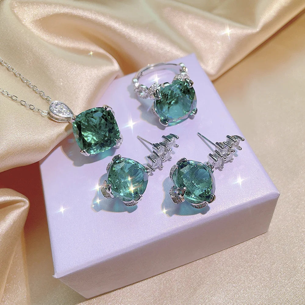 3 Pcs/Set Aquamarine Topaz Pendant 15 Carat Fat Square Color Treasure Earrings Fanta Ring Violet Yellow Diamond Set Wedding Gift
