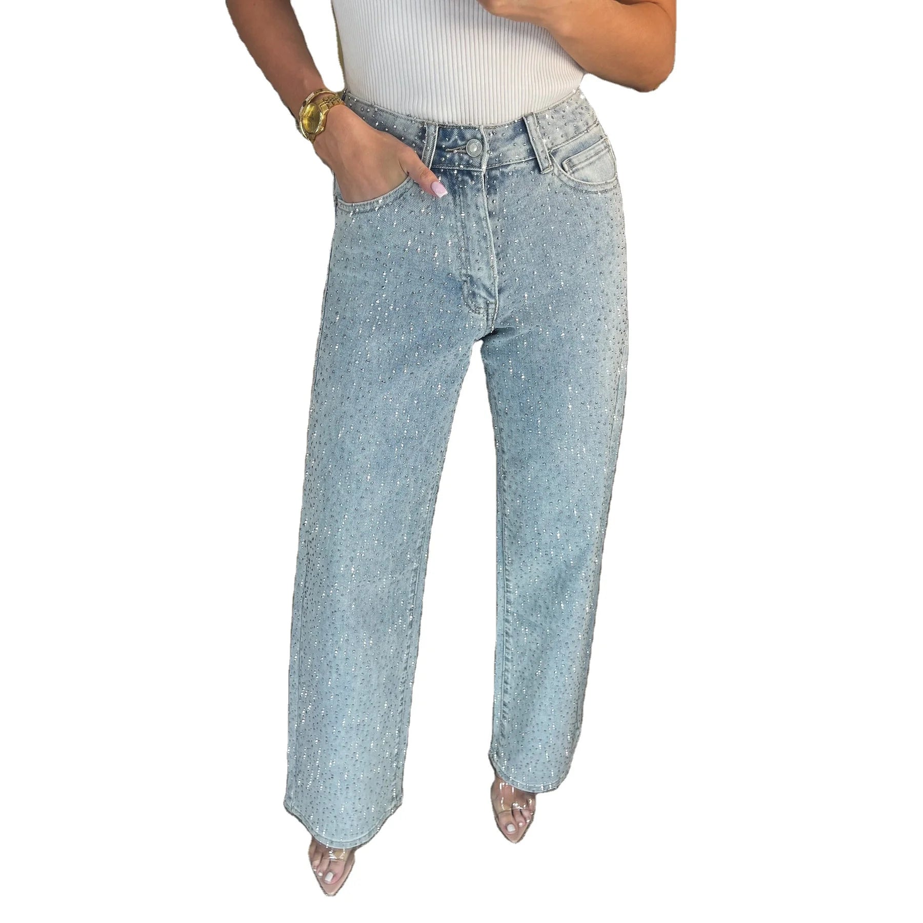 Hot Sale Autumn Denim Trousers Women Washed Women's Jeans With Rhinestones Fashion Denim Jean Pants