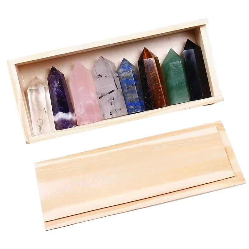 Fashion 4-5CM Natural Stone Crystal Column 8 Pieces Wooden Box Set Hexagonal Column Healing Stone Handicraft Gift Set