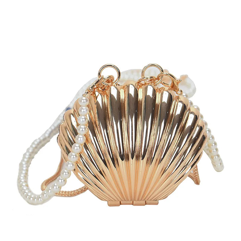 Zinc Alloy Mini Lipstick Bag Woman Golden Shell Purse Lovely Chain Single Shoulder Crossbody Messenger Pearl Shell Evening Bag