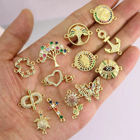 CZ8775 18k Gold Plated Colorful Zircon CZ Micro Pave Heart Tree Daisy Anchor Turtle Charms Connector for Bracelet Jewelry Making