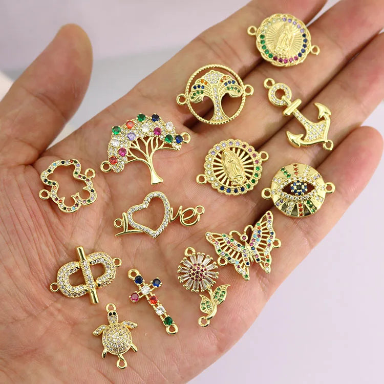 CZ8775 18k Gold Plated Colorful Zircon CZ Micro Pave Heart Tree Daisy Anchor Turtle Charms Connector for Bracelet Jewelry Making