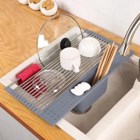 Factory Outlet Stainless Steel Foldable Roll-Up Dish Drying Rack Eco-Friendly Adjustable Kitchen Use Single Tier Food Sundries