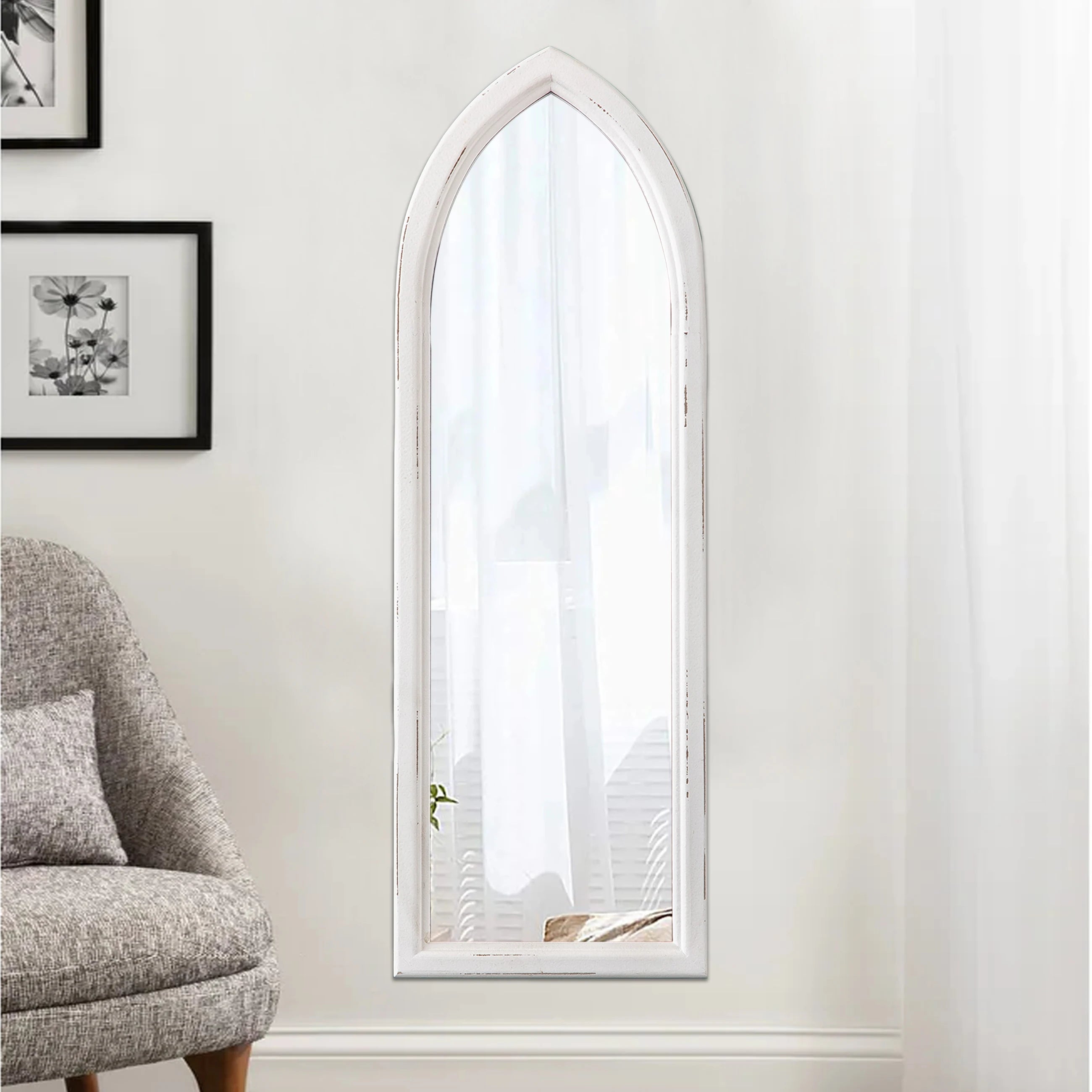 Home Decor Luxury Shabby Chic Full Length Mirror Floor Wall Mirror Standing White Rustic Wood Framed Arch Large Floor Mirrors