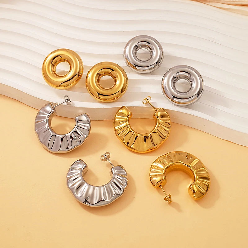 Fashionable Simple Stainless Steel Jewelry Wholesale Tarnish Free 18K Gold Plated Chunky Hollow Stud Earrings for Women