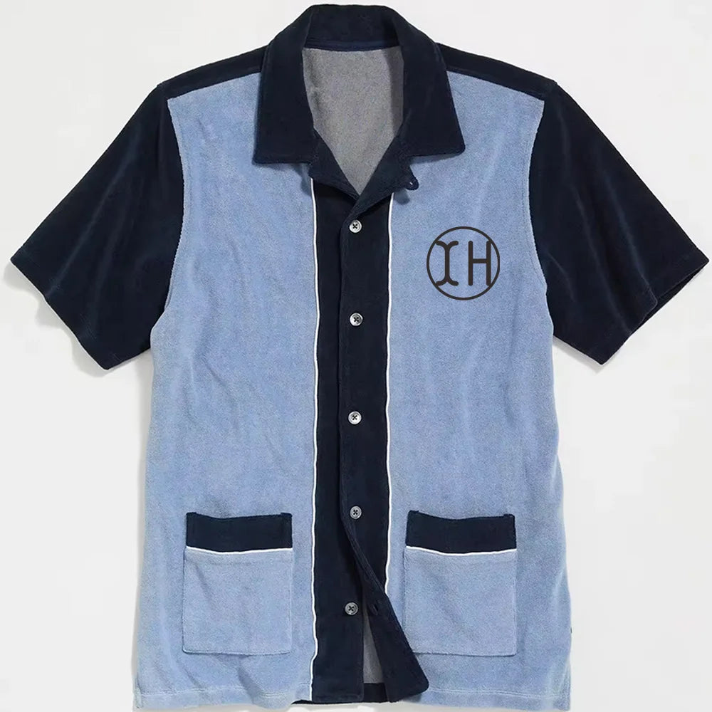 Online Retailer Button Color Blocked Shirts for Men Short Sleeve Lapel Blouse Cotton Polyester Cozy Tops with Pockets