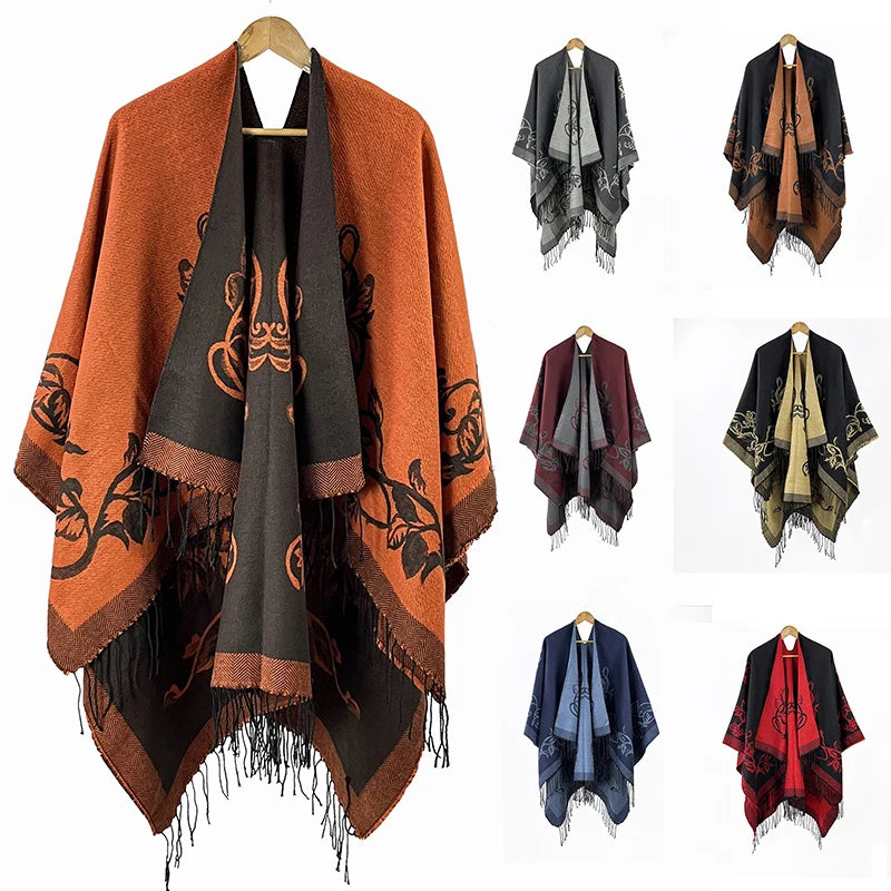 Traditional Scarves & Shawls Winter Warm Cardigan Ruana Coat  Jacquard Flower Reversible Women's Scarf Pashmina Shawls and Wraps