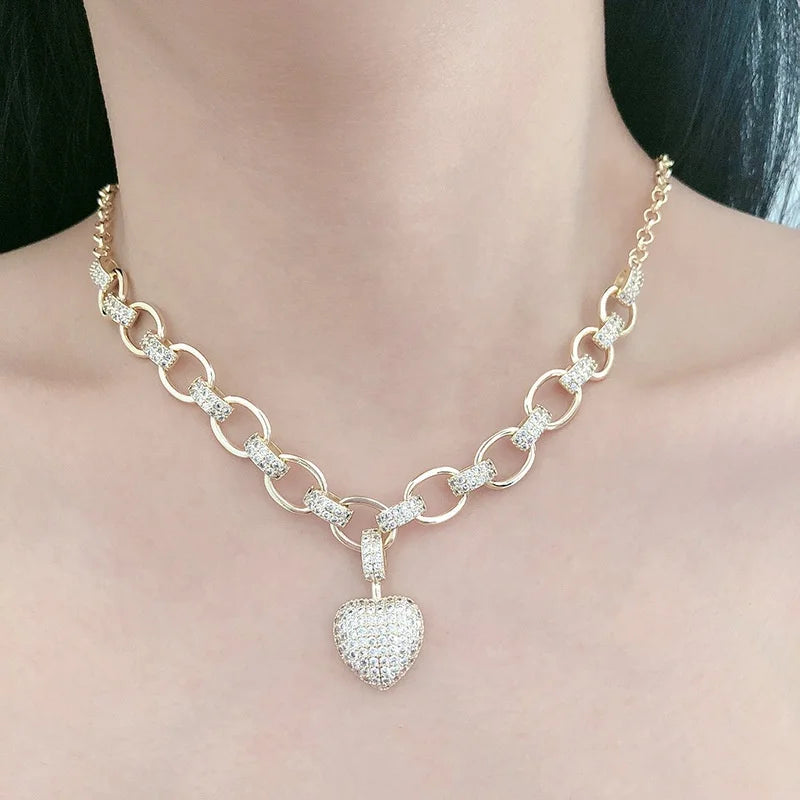 Vintage Copper Women's Choker Necklace Full Pave Diamond Dainty Customized Charm Pendant Gold Plated Silver Color