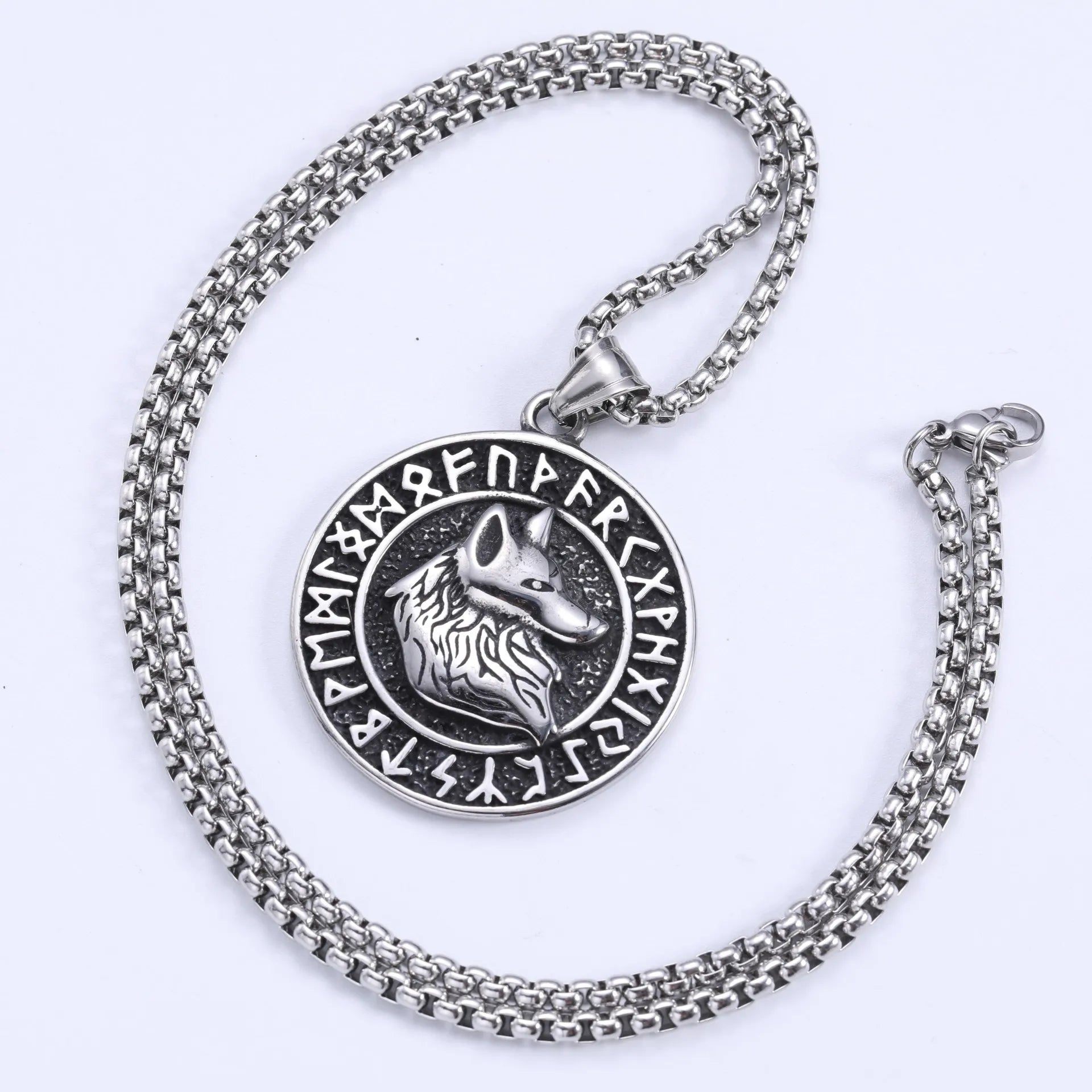 Factory Custom Stainless Steel Nordic Viking Runes Wolf Pendant Necklace Male