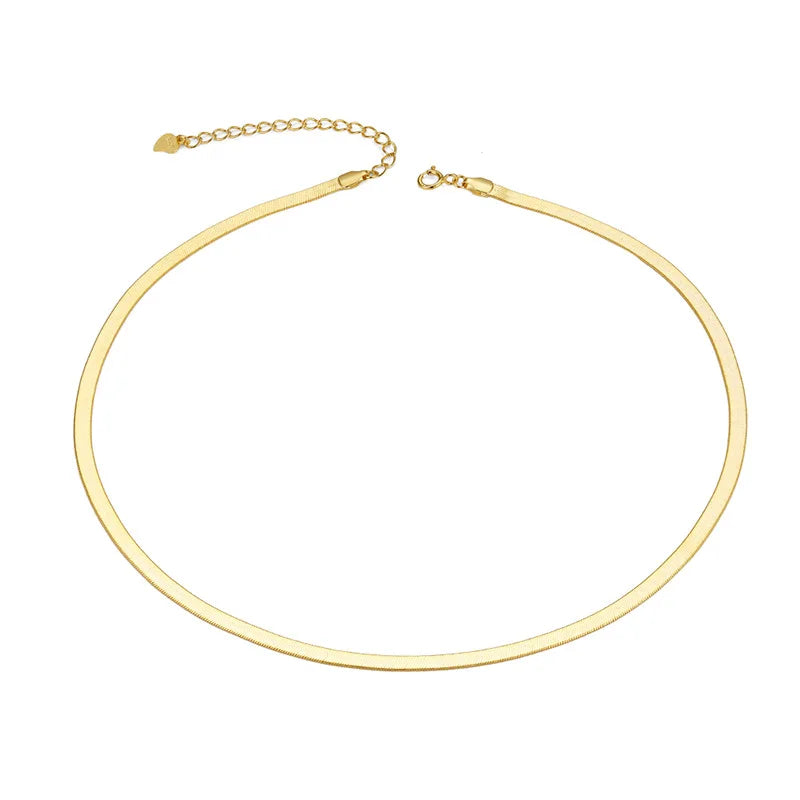 925 Sterling Silver Herringbone Choker Necklace Layer Snake Chain Necklace Jewelry Gold Flat Snake Necklace