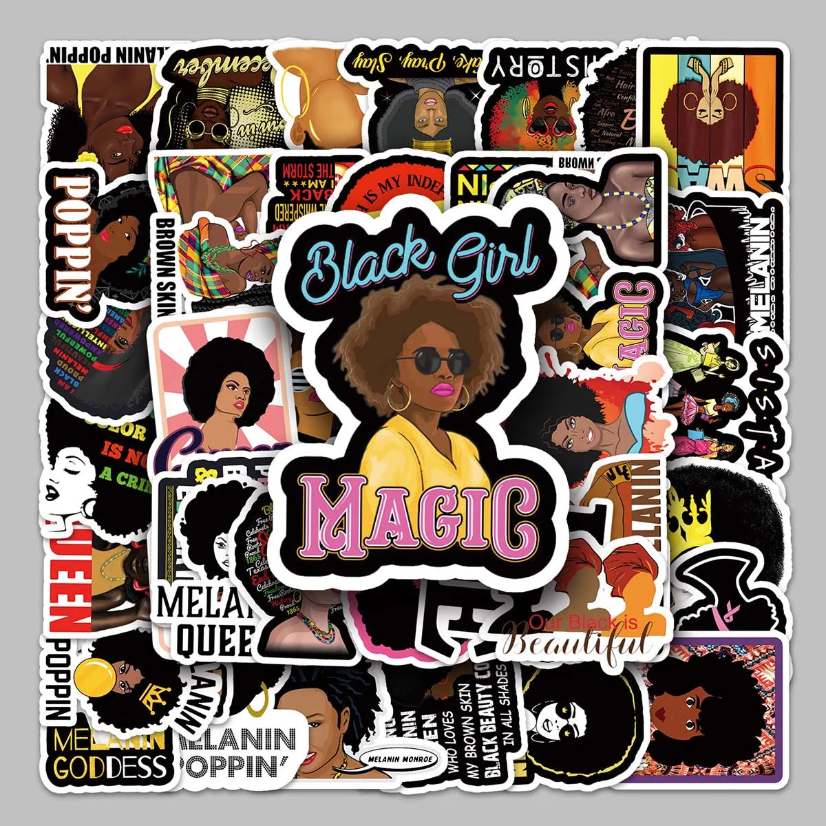 50PCS Cartoon Inspirational English Creative Trend Decorative Inspirational Black Girl Stickers Guitar Headphone Stickers